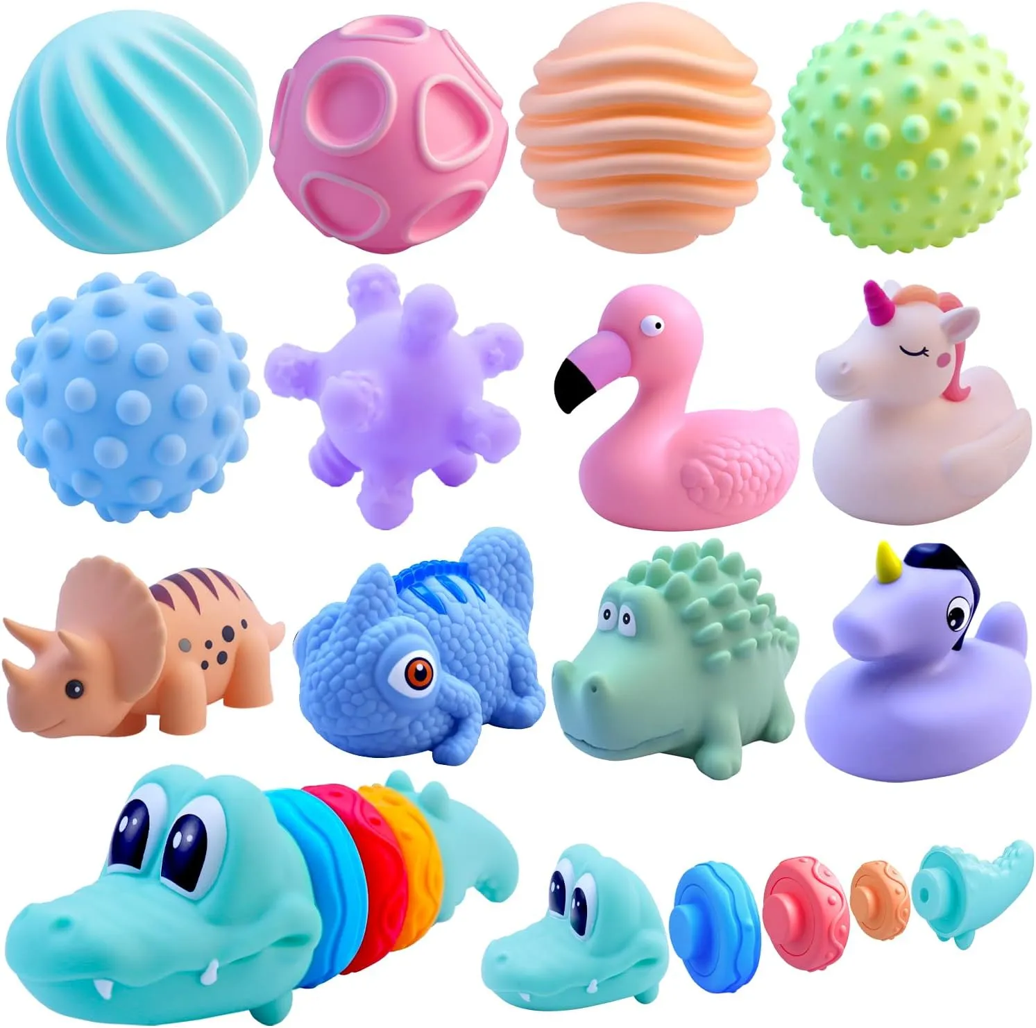 Toddlers 1-3 Bath Toys|17 Pcs Baby Kids Floating Animal Dinosaur Unicorn for Babies 6-12 Months Crocodile Soft Stacking Building Blocks Sets|Pull Push Sensory Water Toys
