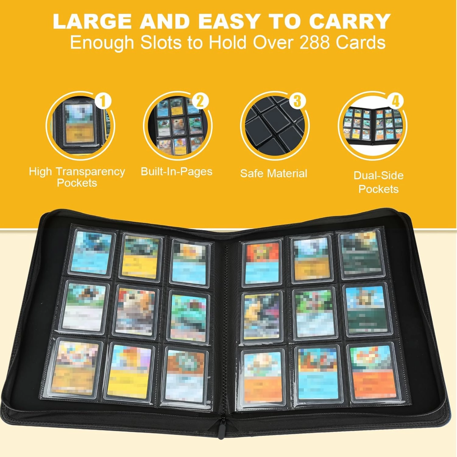 Toploader Binder, Holds 288 Toploaders, 9 Pocket Top Loader Binders with Sleeves for 3 x 4'' Toploaders, Double-Sided Pocket Top Loader Storage Binder, Trading Card Binder - Carton Black