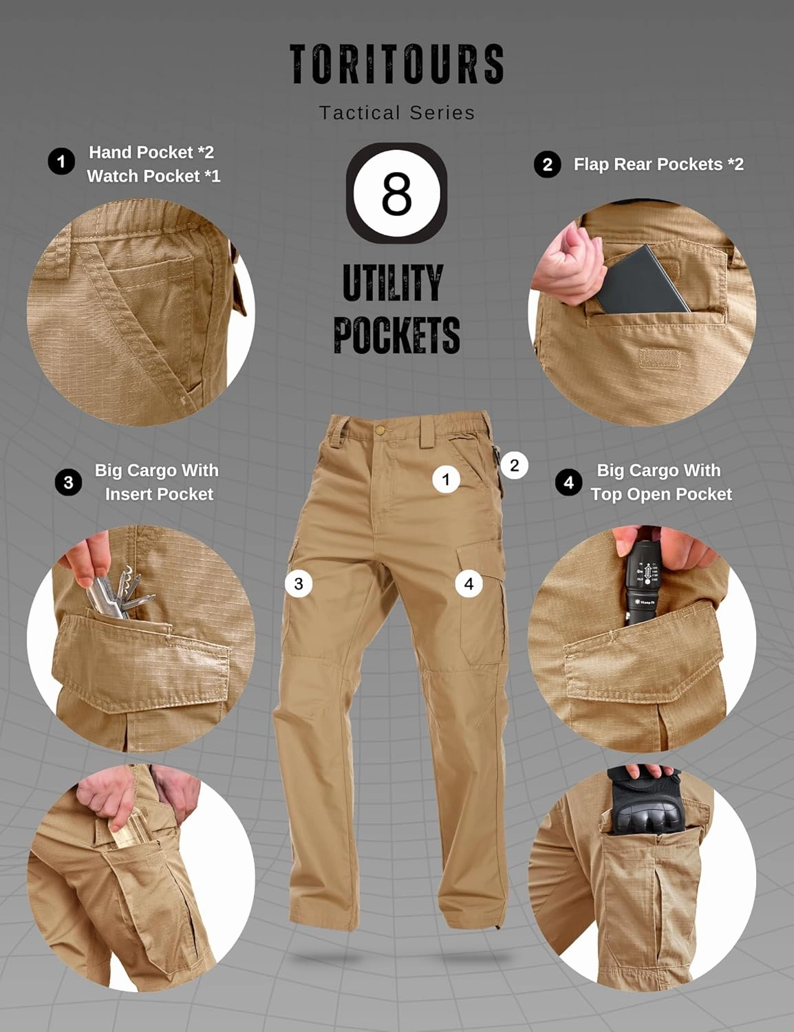 Toritours Men's Hiking Pants, Ripstop Mens Tactical Cargo Pants Lightweight Work Pants for Men Waterproof BDU Outdoor Travel