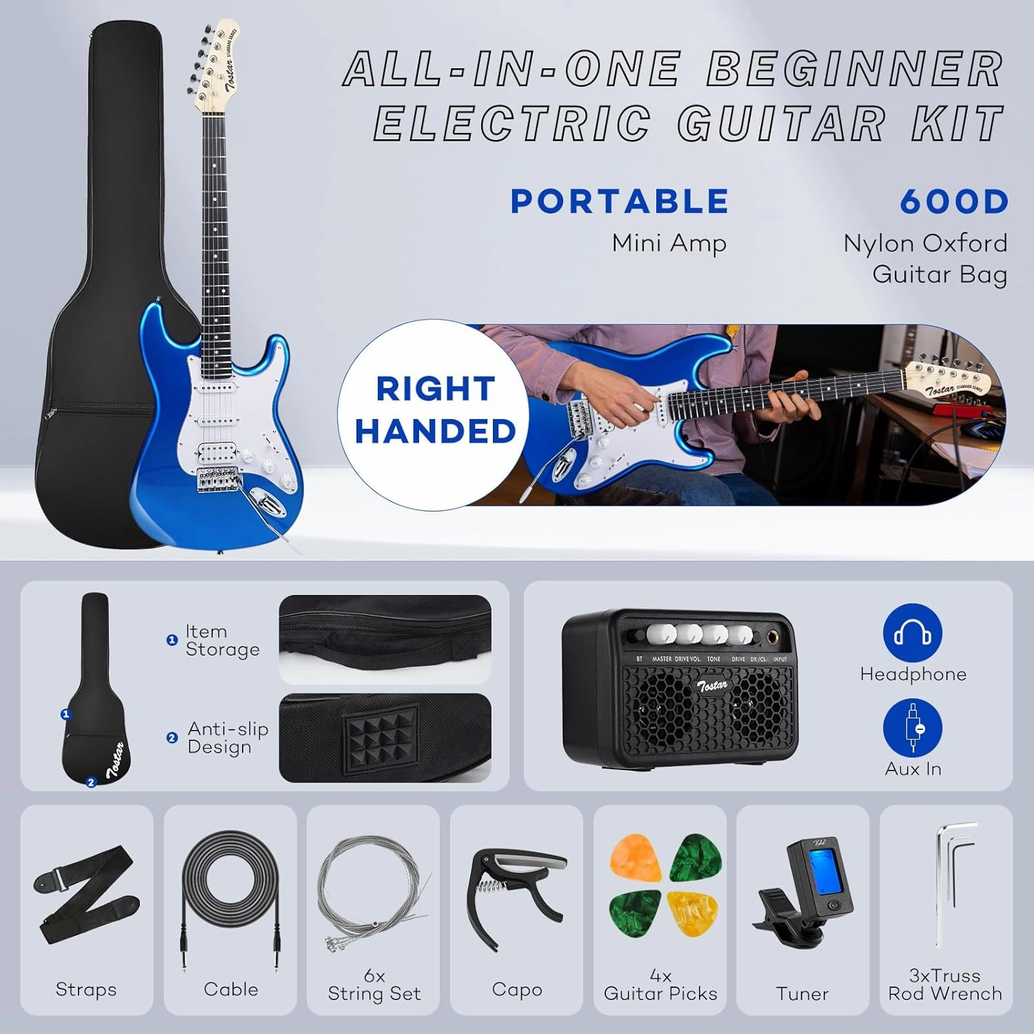 TOSTAR Electric Guitar Kit, 39 Inch Solid Wood Right Hand Guitar Electric for Beginners with Amp, HSS Pick Up, Poplar Body, Hand Polished(Lake Placid Blue)