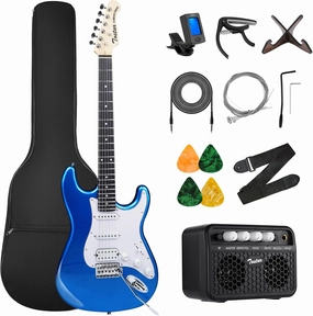 TOSTAR Electric Guitar Kit, 39 Inch Solid Wood Right Hand Guitar Electric for Beginners with Amp, HSS Pick Up, Poplar Body, Hand Polished(Lake Placid Blue)