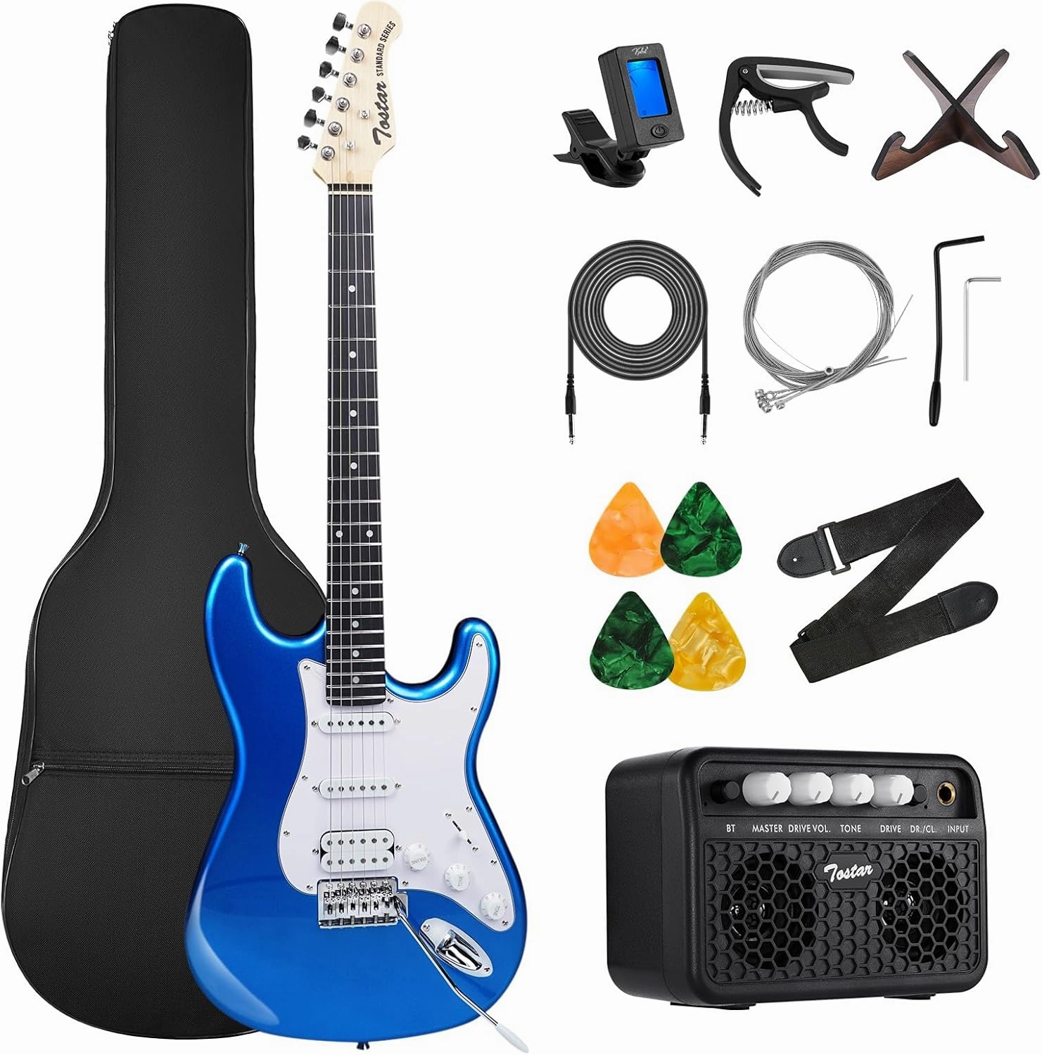 TOSTAR Electric Guitar Kit, 39 Inch Solid Wood Right Hand Guitar Electric for Beginners with Amp, HSS Pick Up, Poplar Body, Hand Polished(Lake Placid Blue)