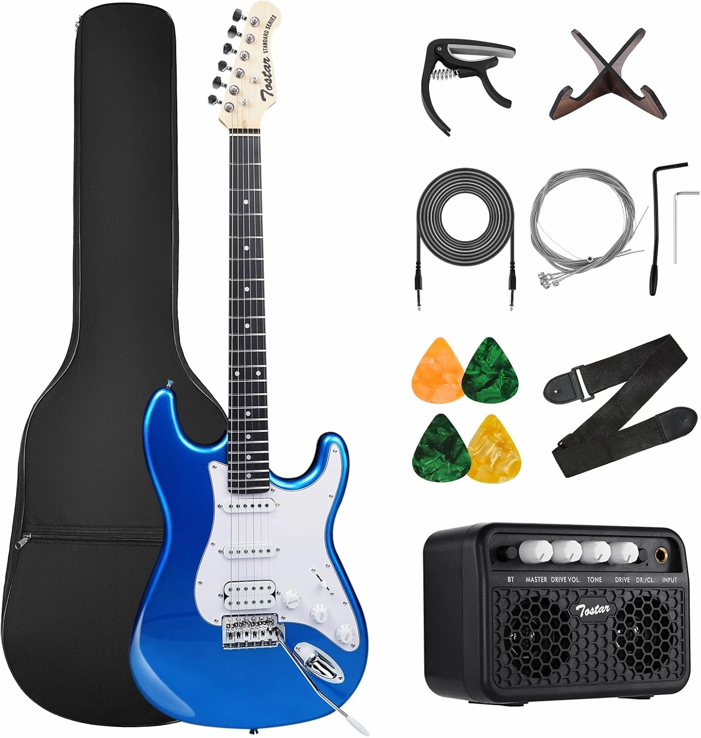 TOSTAR Electric Guitar Kit, 39 Inch Solid Wood Right Handed Guitar for Beginners Starter with Amp, HSS Pick Up, Poplar Body, Hand Polished, Lake Placid Blue, TST-220-LPB-NEW