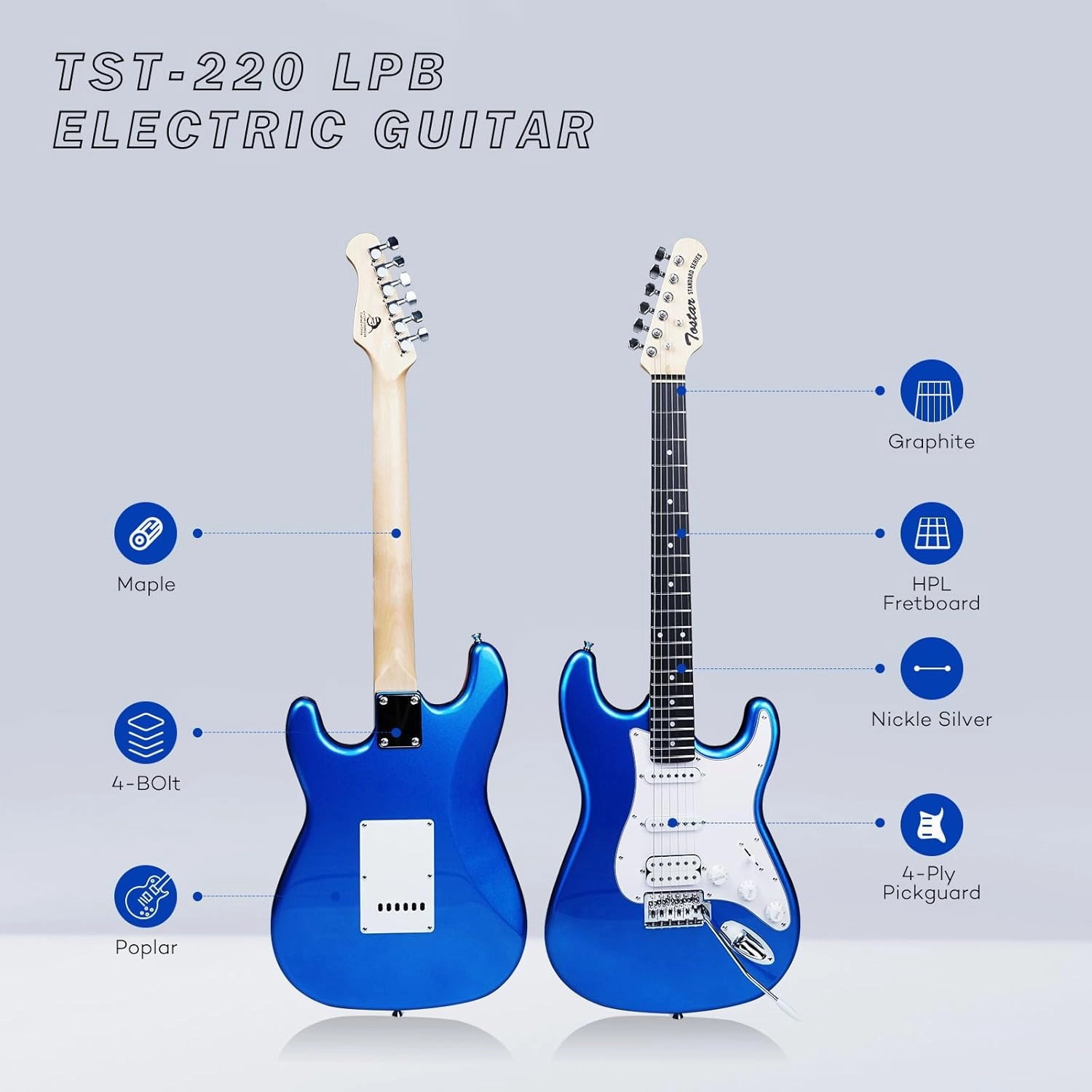 TOSTAR Electric Guitar Kit, 39 Inch Solid Wood Right Handed Guitar for Beginners Starter with Amp, HSS Pick Up, Poplar Body, Hand Polished, Lake Placid Blue, TST-220-LPB-NEW