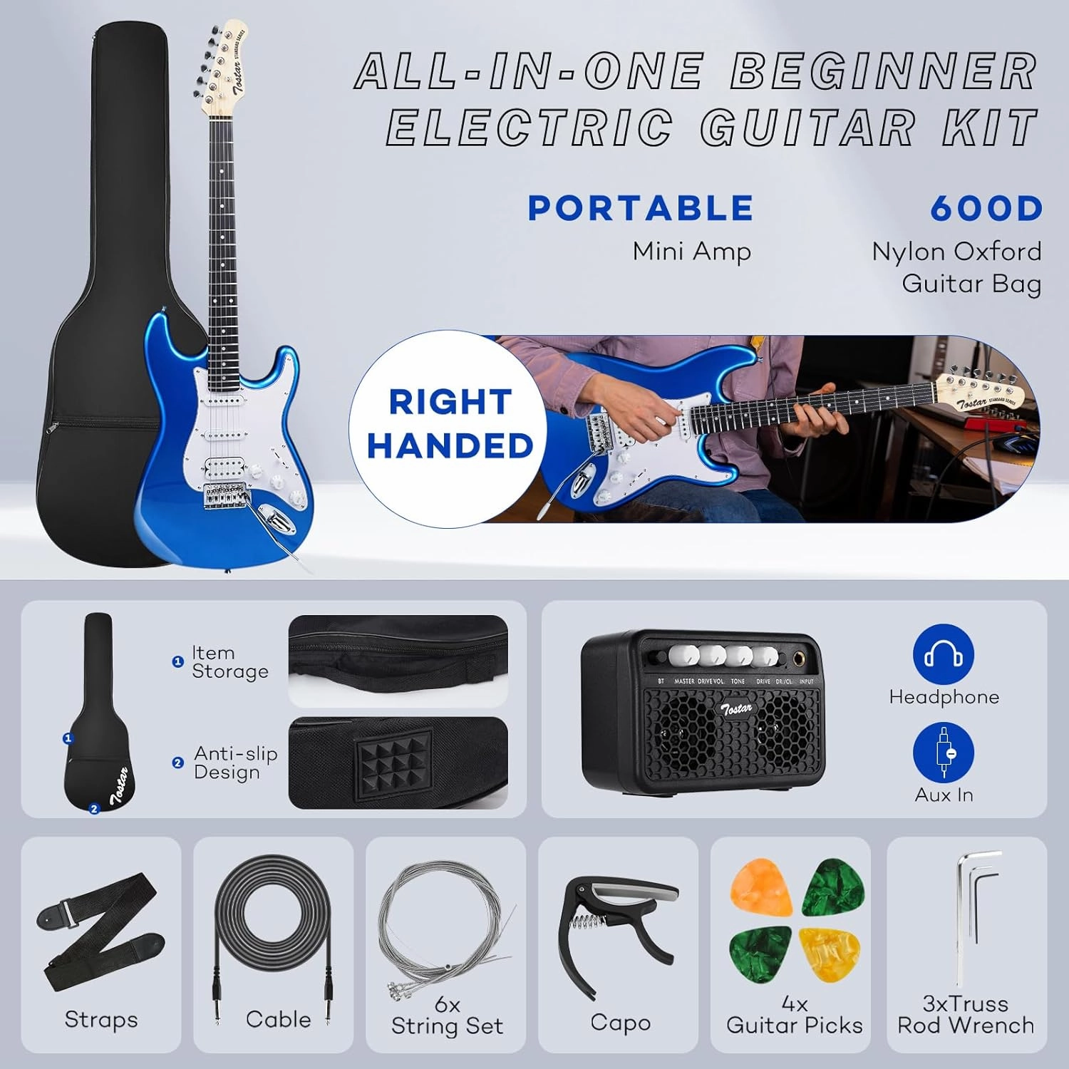 TOSTAR Electric Guitar Kit, 39 Inch Solid Wood Right Handed Guitar for Beginners Starter with Amp, HSS Pick Up, Poplar Body, Hand Polished, Lake Placid Blue, TST-220-LPB-NEW