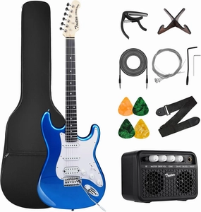 TOSTAR Electric Guitar Kit, 39 Inch Solid Wood Right Handed Guitar for Beginners Starter with Amp, HSS Pick Up, Poplar Body, Hand Polished, Lake Placid Blue, TST-220-LPB-NEW