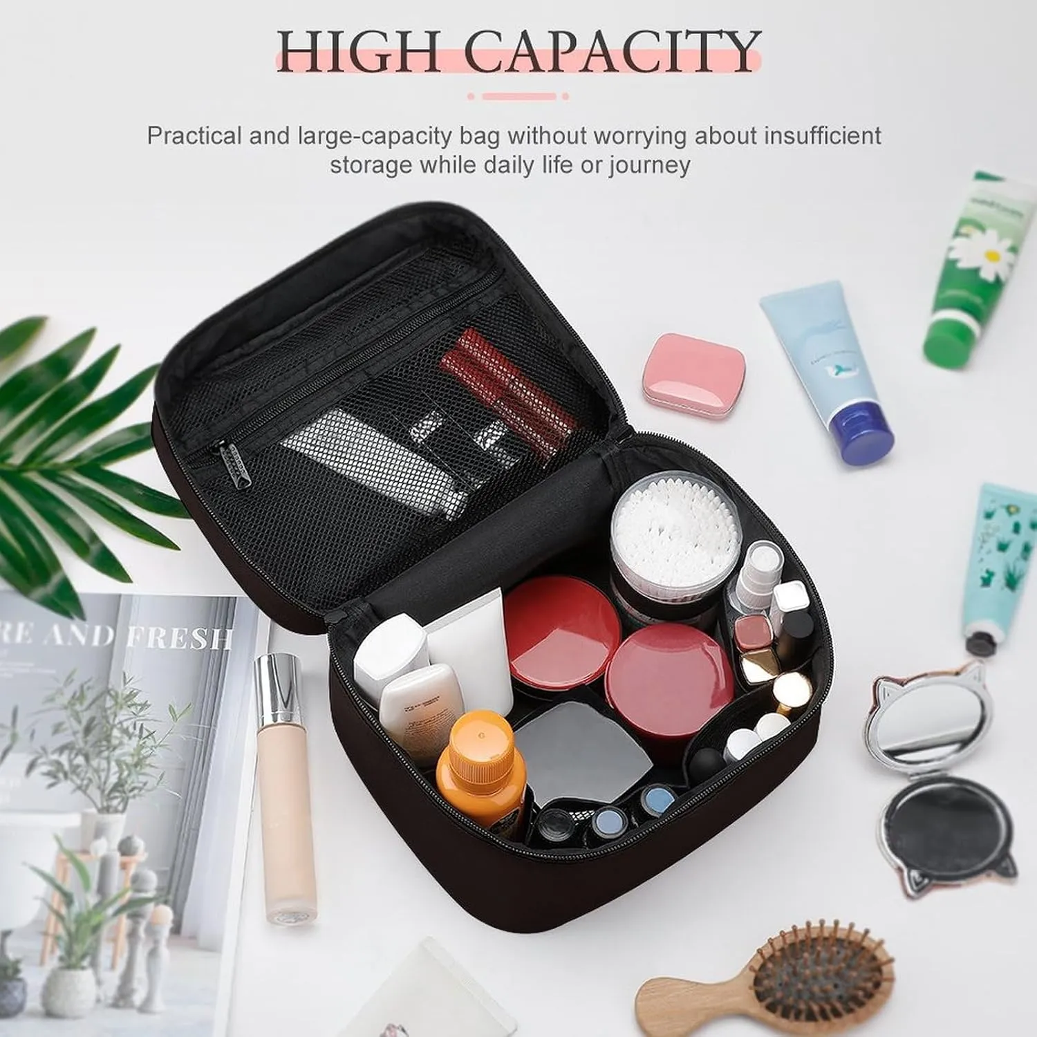 Travel Makeup Bag, Brown Trend Color Cosmetic Bags for Women Large Capacity Waterproof Toiletry Bag Make up Organizer