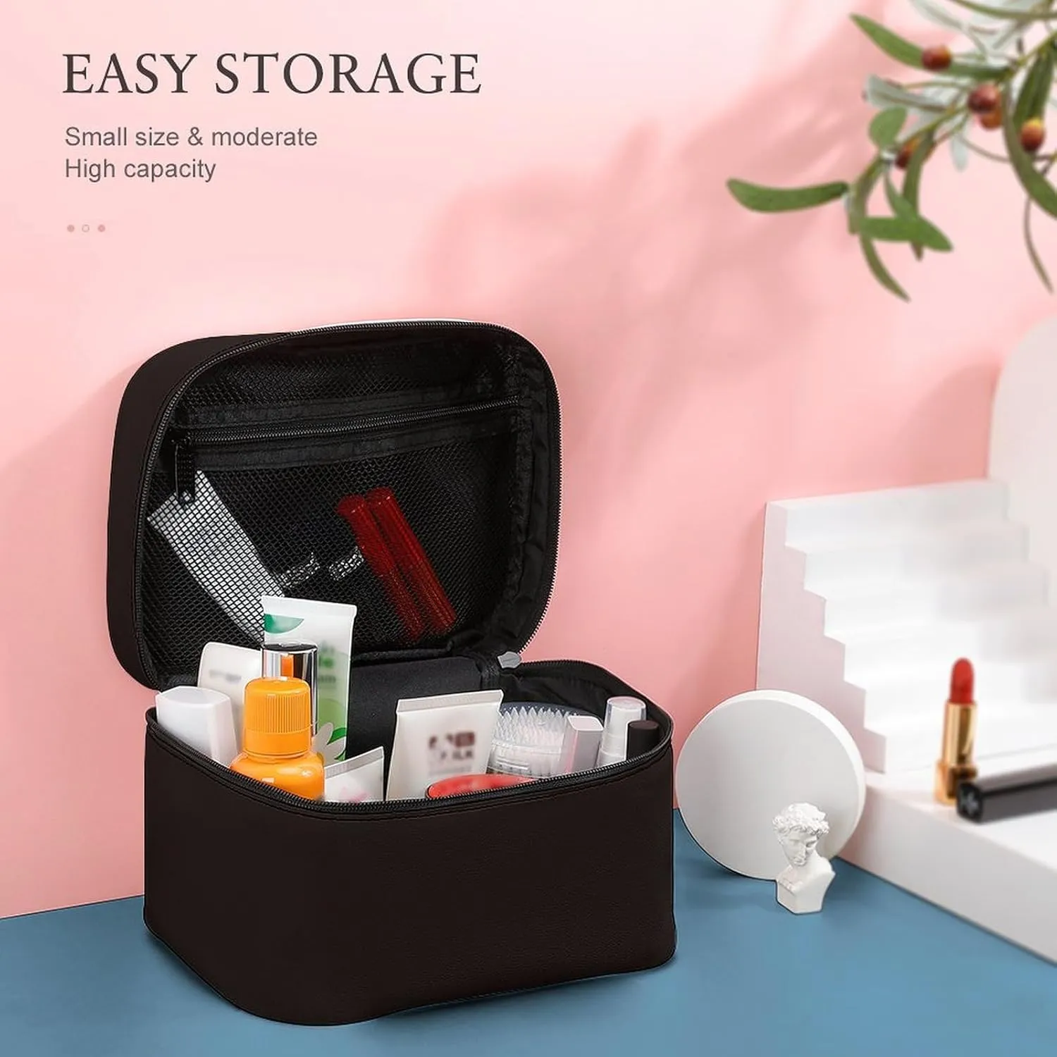 Travel Makeup Bag, Brown Trend Color Cosmetic Bags for Women Large Capacity Waterproof Toiletry Bag Make up Organizer
