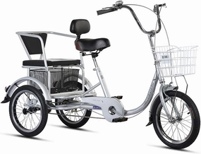 Tricycle Adult 16inch 3 Wheel Bicycle with Back Seat Single Speed Trike Bike Cargo Basket Adjustable Seats and Handlebars Load 200kg for Seniors Women Men (Grey)