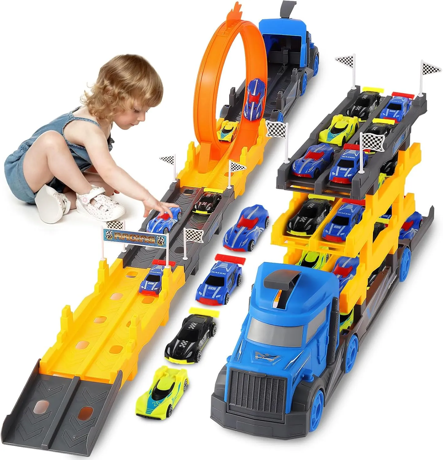 Truck & Cars Toy Set for 3 4 5 6 7 8 Years Old Boy Kids Birthday Gift, 57 Inch Spliceable Deformating Carrier Truck Playset with 360 Degree Rotating Race Track and 4 Race Cars