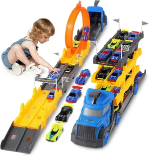 Truck & Cars Toy Set for 3 4 5 6 7 8 Years Old Boy Kids Birthday Gift, 57 Inch Spliceable Deformating Carrier Truck Playset with 360 Degree Rotating Race Track and 4 Race Cars