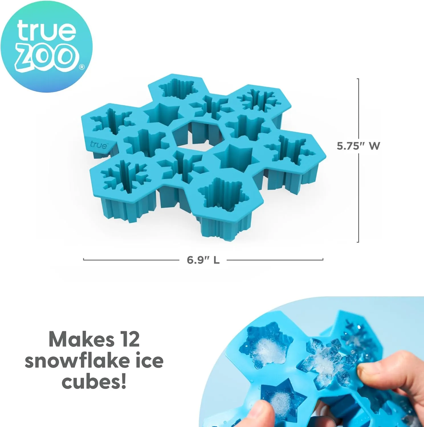 TrueZoo Snowflake Silicone Ice Cube Tray, Novelty Large Mold Makes 12 Snowflake Ice Cubes, Blue, Set of 1