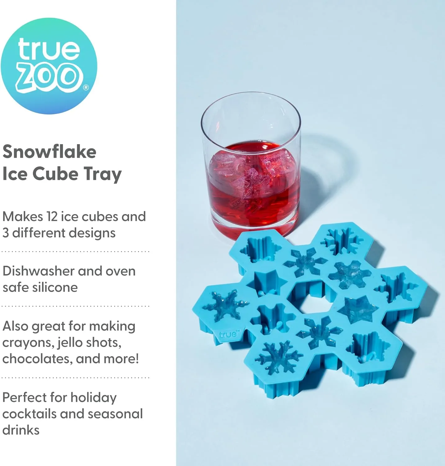TrueZoo Snowflake Silicone Ice Cube Tray, Novelty Large Mold Makes 12 Snowflake Ice Cubes, Blue, Set of 1