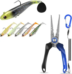 TRUSCEND Pre-Rigged Soft Fishing Lures, All-Conditions Fishing Gear for Bass Trout Walleye, Lockable Handy Fishing Pliers with Innovative Ergonomic Handle, Amazing Fishing Gear Gifts