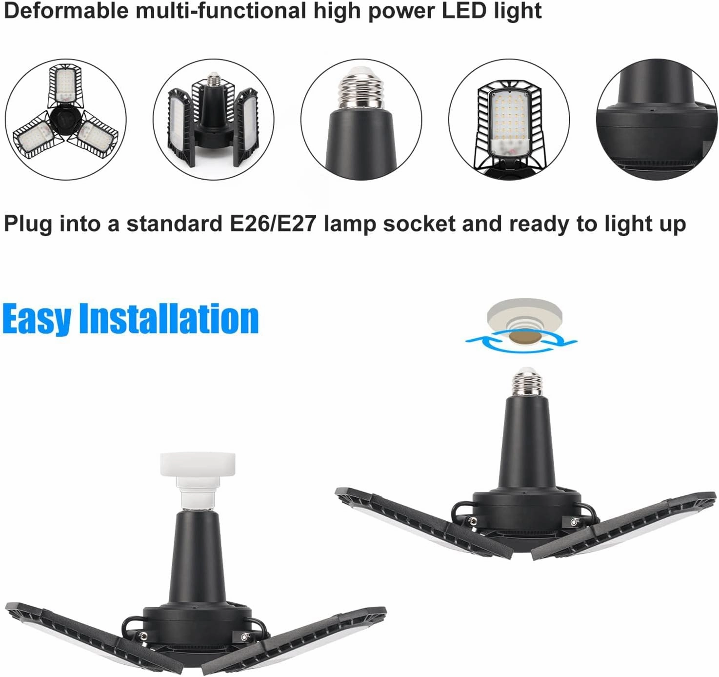 UL Certified LED Garage Lights Ceiling Lights, 8000 Lumens, E26/E27 Adjustable Ceiling LED, 80W, Ultra Bright 5000K Natural Daylight White, Deformable Trilights, Adjustable Panel 2Pack