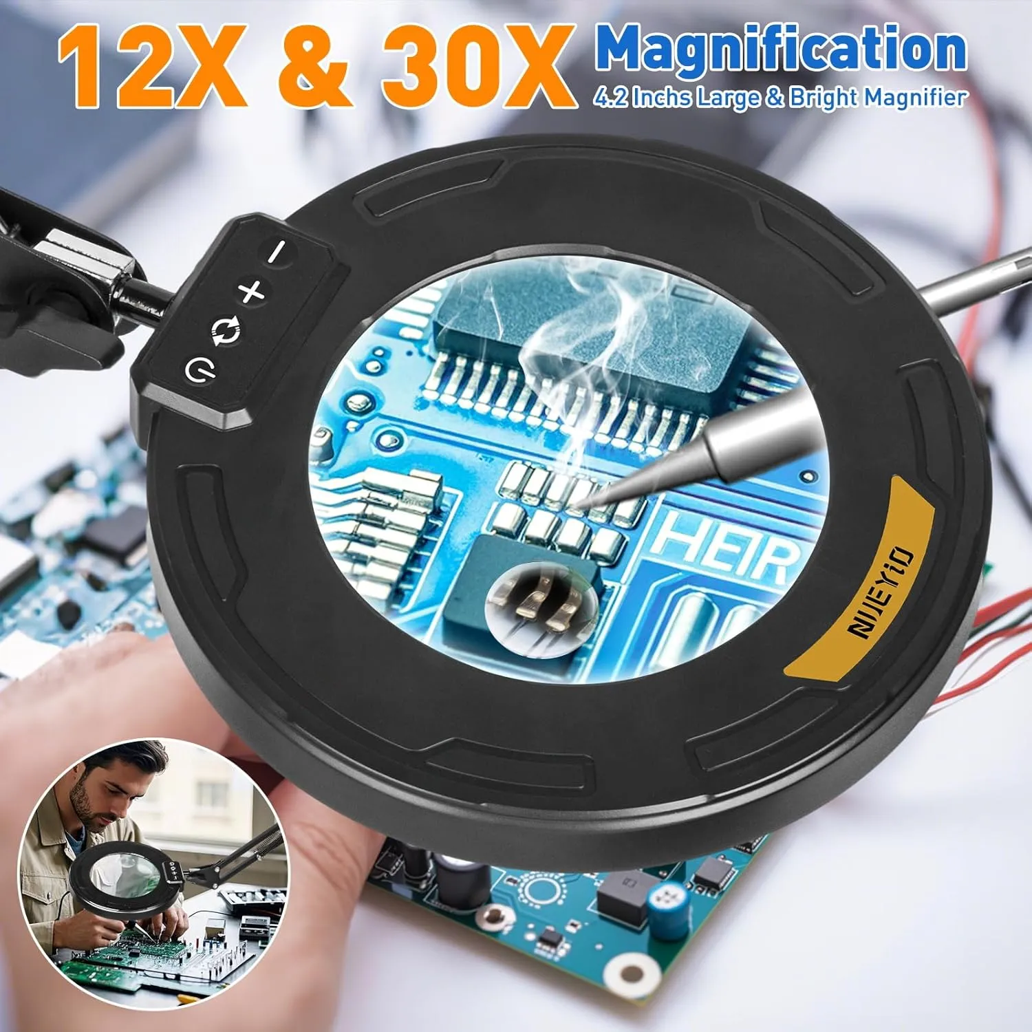 Ultra Long 3-Section Swing Arm 12X Magnifying Glass with Light and Stand, 4-way Large Strong Metal Clamp Lighted Magnifier Lamp, 5 Color Modes LED Magnifying Lamp for Workbench, Crafting, Hobby