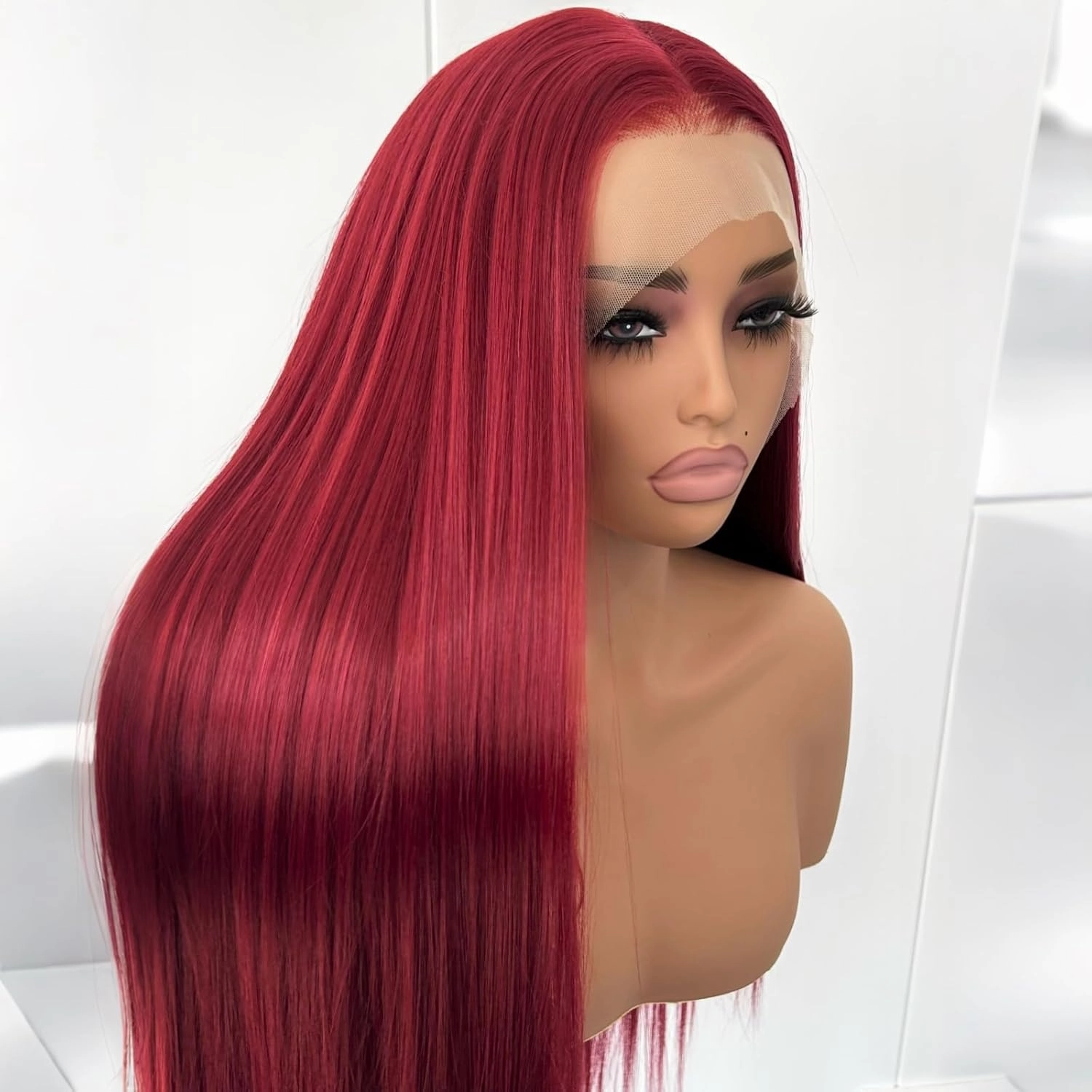 Unique 99J Burgundy Red Long Straight Lace Front Wigs for Women Glueless Synthetic Hair Free Part Pre Plucked Long Red Straight Heat Resistant Fiber Wigs for Daily Party Cosplay