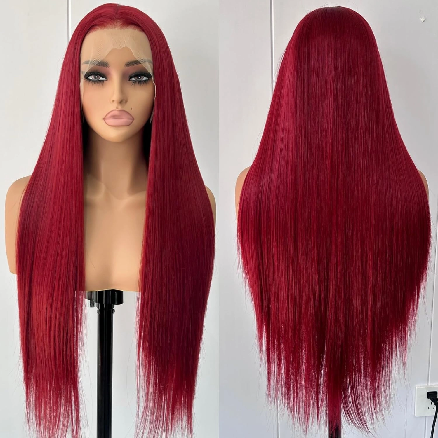 Unique 99J Burgundy Red Long Straight Lace Front Wigs for Women Glueless Synthetic Hair Free Part Pre Plucked Long Red Straight Heat Resistant Fiber Wigs for Daily Party Cosplay