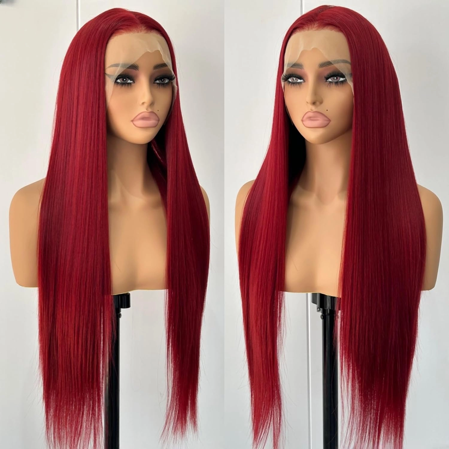 Unique 99J Burgundy Red Long Straight Lace Front Wigs for Women Glueless Synthetic Hair Free Part Pre Plucked Long Red Straight Heat Resistant Fiber Wigs for Daily Party Cosplay