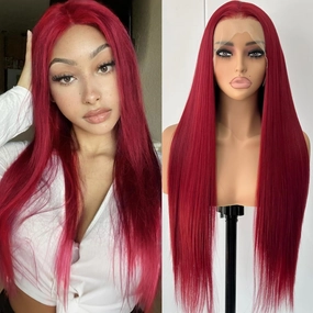 Unique 99J Burgundy Red Long Straight Lace Front Wigs for Women Glueless Synthetic Hair Free Part Pre Plucked Long Red Straight Heat Resistant Fiber Wigs for Daily Party Cosplay