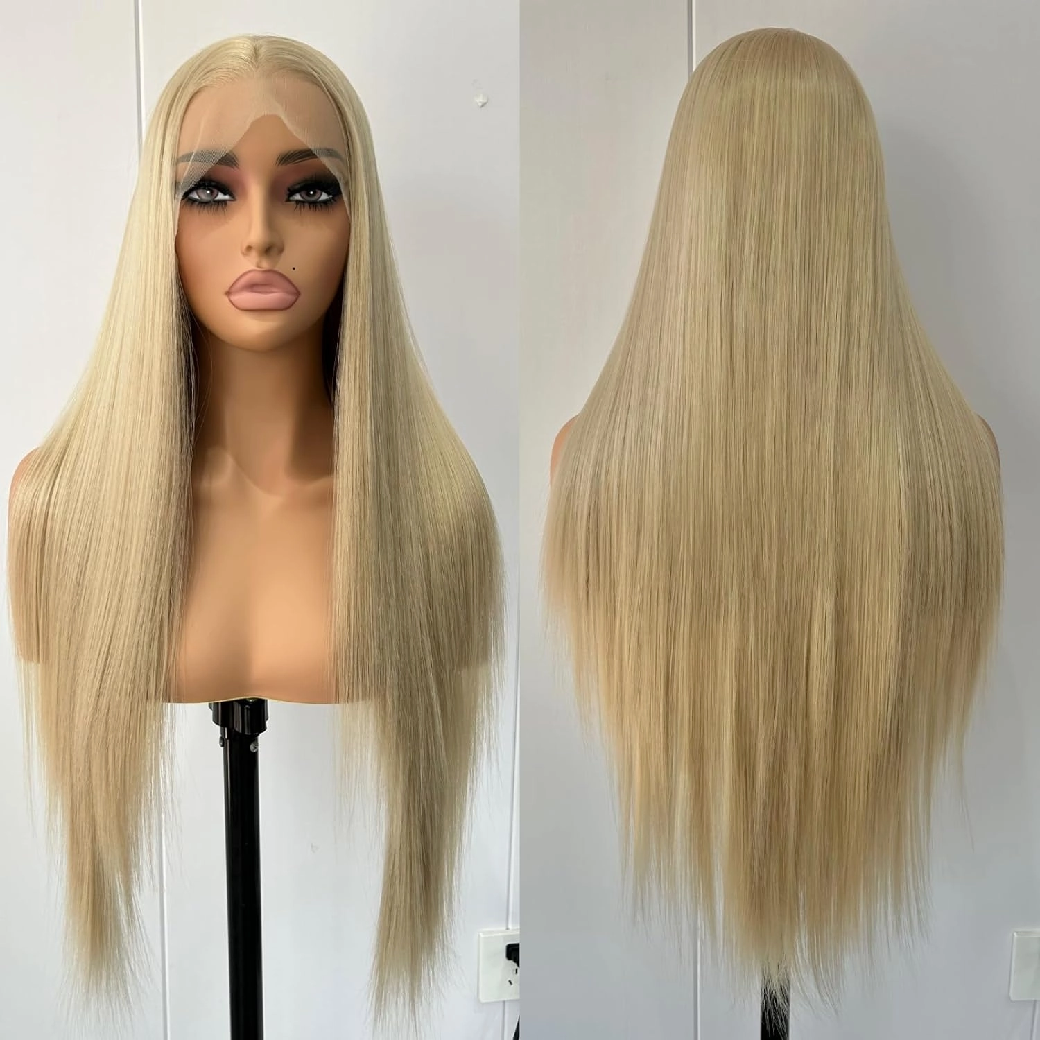 Unique Ash Blonde Long Straight Synthetic Lace Wig Free Part Natural Hairline Glueless Long Blonde Straight Lace Front Wigs for Women Daily Party Cosplay