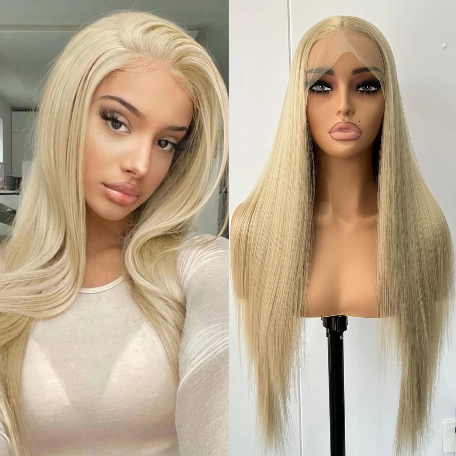 Unique Ash Blonde Long Straight Synthetic Lace Wig Free Part Natural Hairline Glueless Long Blonde Straight Lace Front Wigs for Women Daily Party Cosplay