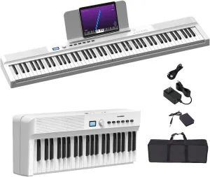 Upgraded Folding Piano Keyboard, 88 Key Full Size Semi Weighted Keyboard Support MIDI and Bluetooth, Portable Foldable Keyboard Piano with Sustain Pedal and Piano Bag, White