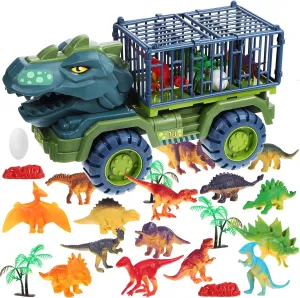 UPKOCH Dinosaur Truck Car Toys, Transport Carrier with 15 Dinosaur Figurines, Eggs, Trees, and Stones, for Kids Aged 3-8, Assorted Colors, 15.13 x 7.86 x 6.21 in