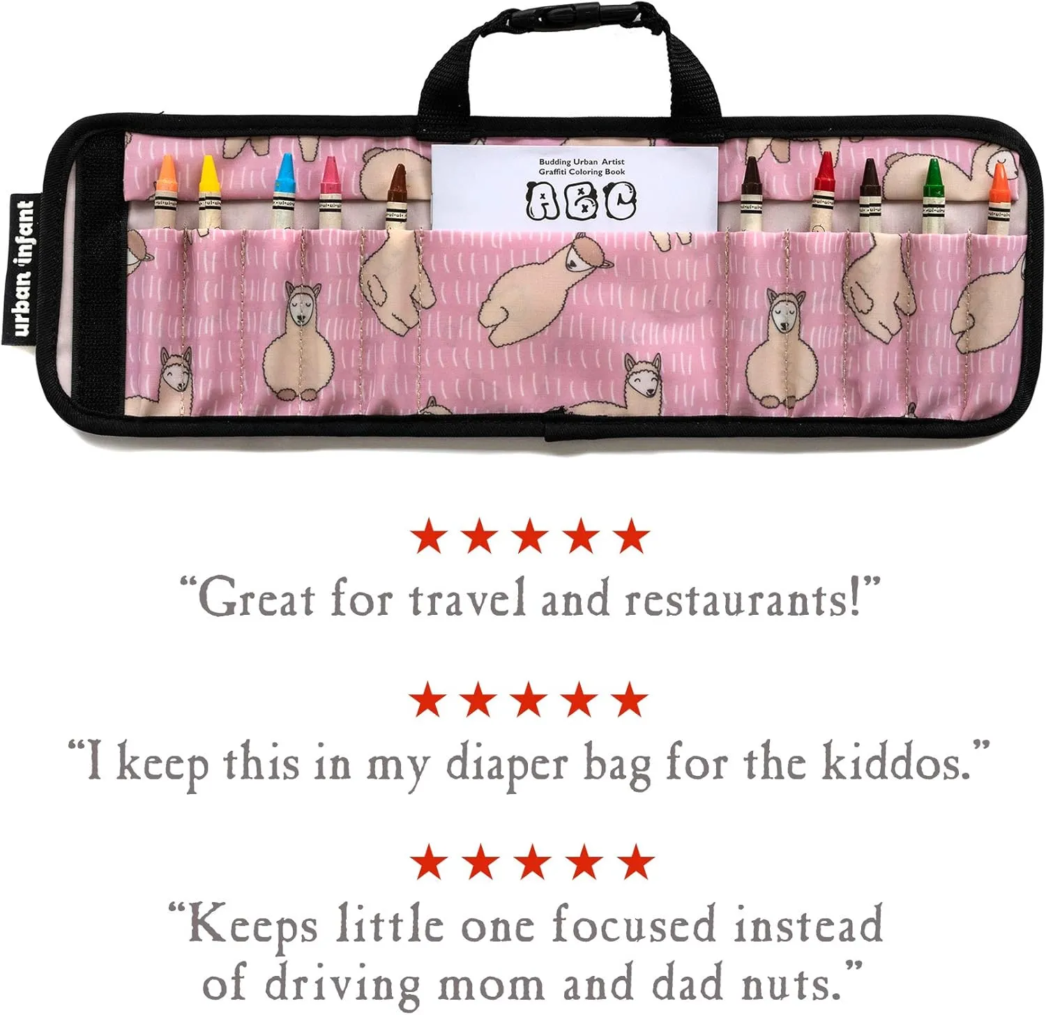 Urban Infant Kids Crayon Travel Case Carrier – Comes With Set of 10 Non-Toxic Crayons and Draw Booklet – Toddler Activity – Easy Wallet-Style Close and Clipping Handles - Llamas