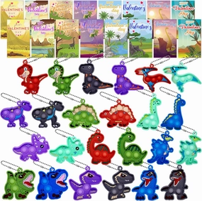 Valentines Day Gifts for Kids,Valentines Cards for Kids Classroom with Dinosaur Pop Fidget Toys,Valentines Exchange Gifts for Kids Classroom,Valentines Party Favors for Boys Girls