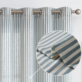 Vangao Linen Blend Stripe Curtains Tickingstripe Light Filtering Window Curtains Blue Pinstripe Printed on Beige Drapes 84 Inches Long for Living Room Bedroom Grommet Top 2 Panels