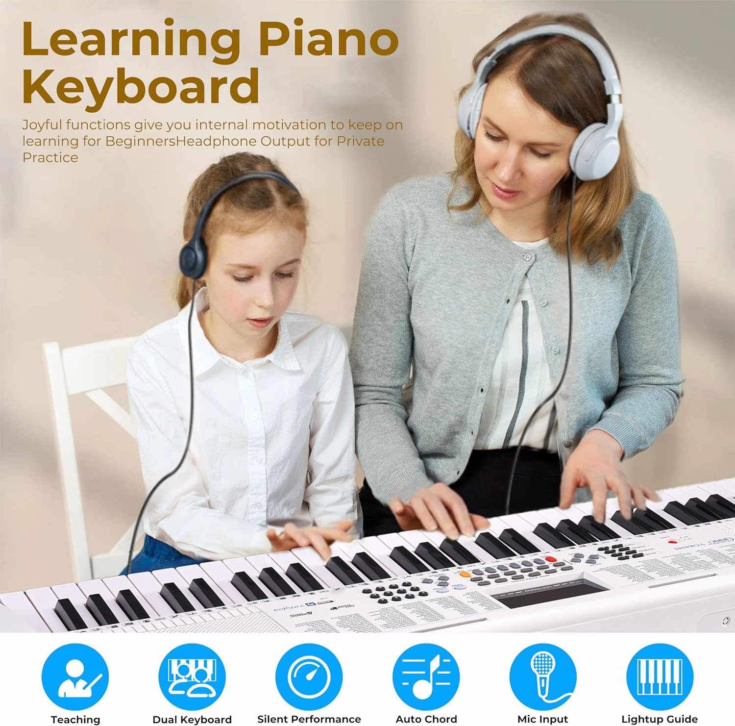 Vangoa Piano Keyboard for Beginners, VGK6101 61 Key Learning Keyboard Piano w/Lighted Keys, Electric Piano Keyboard with 600 Voices & 50 Demos, Stand/Microphone, USB, Record, Split for Students