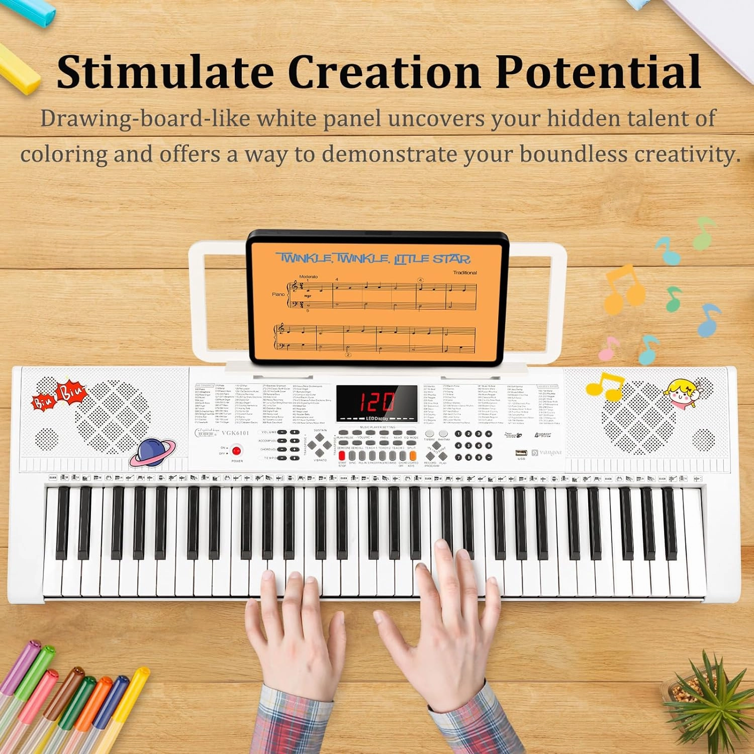 Vangoa Piano Keyboard for Beginners, VGK6101 61 Key Learning Keyboard Piano w/Lighted Keys, Electric Piano Keyboard with 600 Voices & 50 Demos, Stand/Microphone, USB, Record, Split for Students