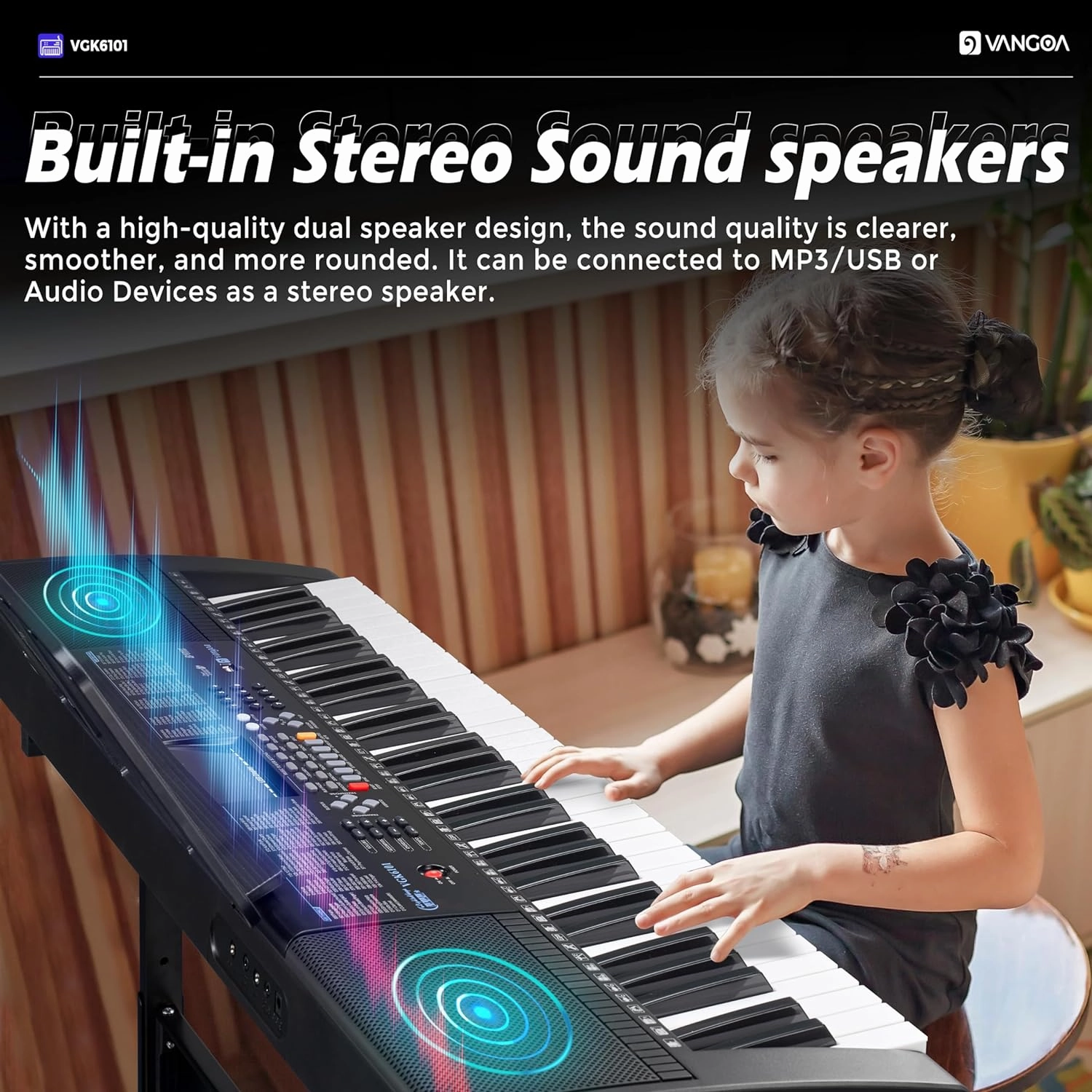 Vangoa VGK6101 Black Keyboard Piano 61 Key, Electric Piano Keyboard with 3 Teaching Modes, Learning Lighted up Music Keyboard Piano with Stand Microphone for Beginners Students
