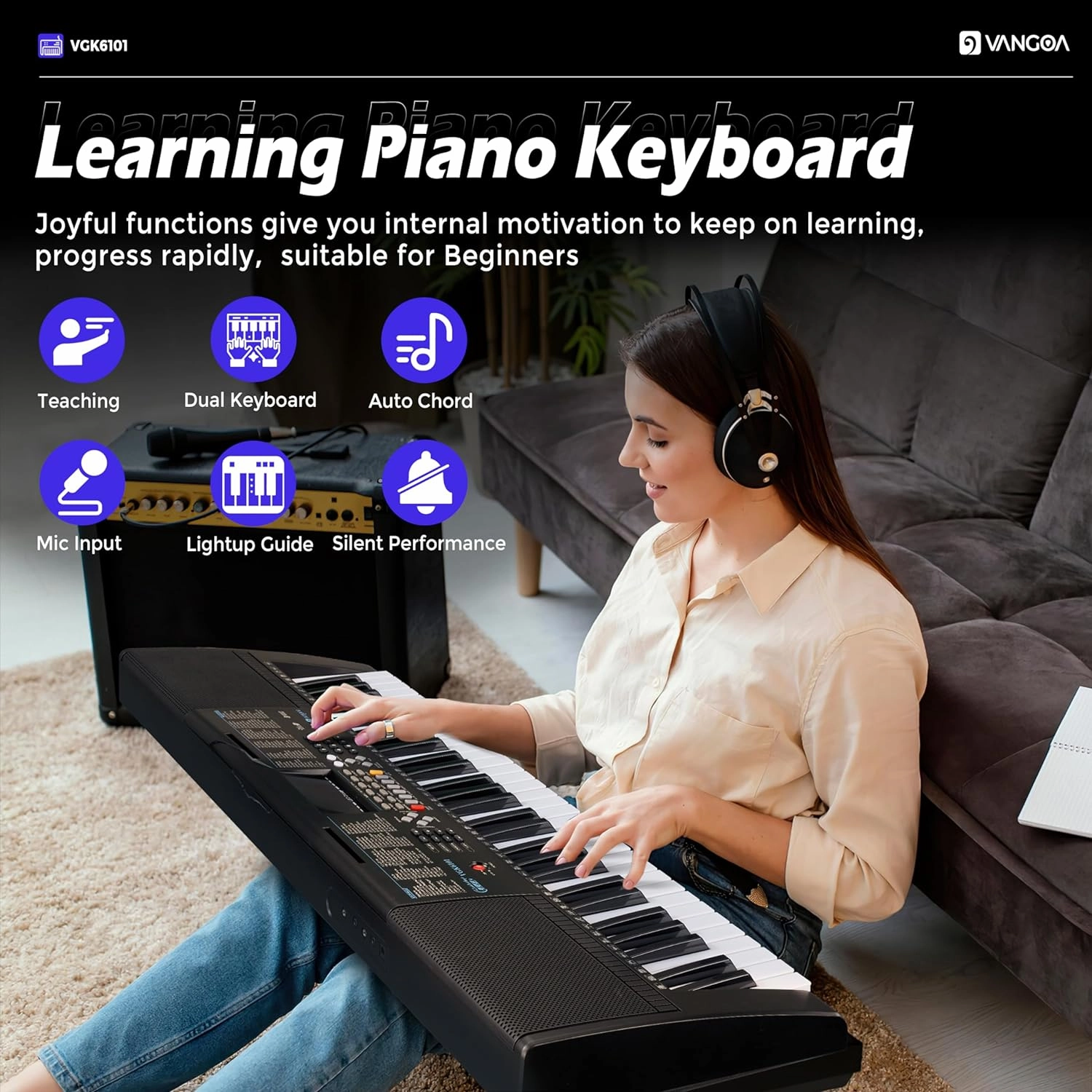 Vangoa VGK6101 Black Keyboard Piano 61 Key, Electric Piano Keyboard with 3 Teaching Modes, Learning Lighted up Music Keyboard Piano with Stand Microphone for Beginners Students