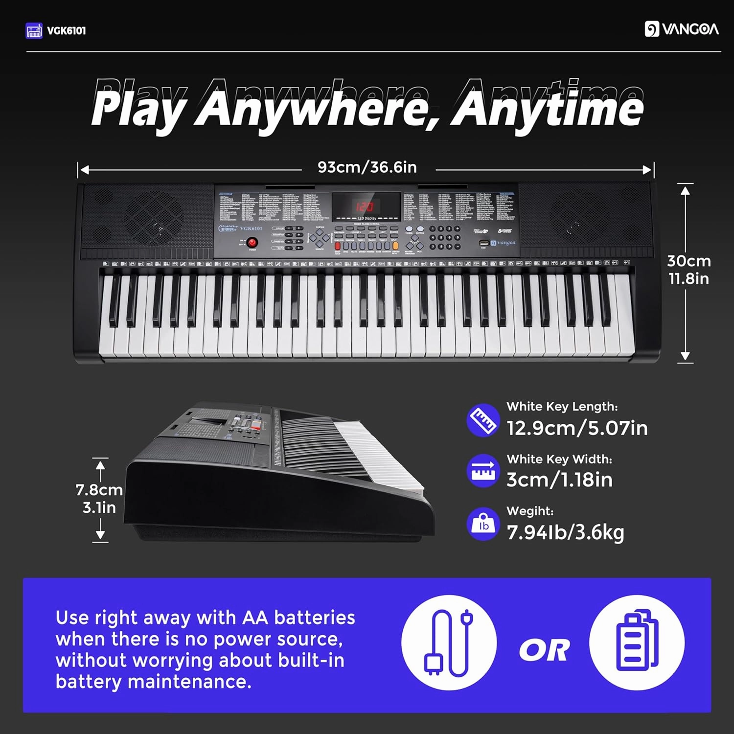 Vangoa VGK6101 Black Keyboard Piano 61 Key, Electric Piano Keyboard with 3 Teaching Modes, Learning Lighted up Music Keyboard Piano with Stand Microphone for Beginners Students