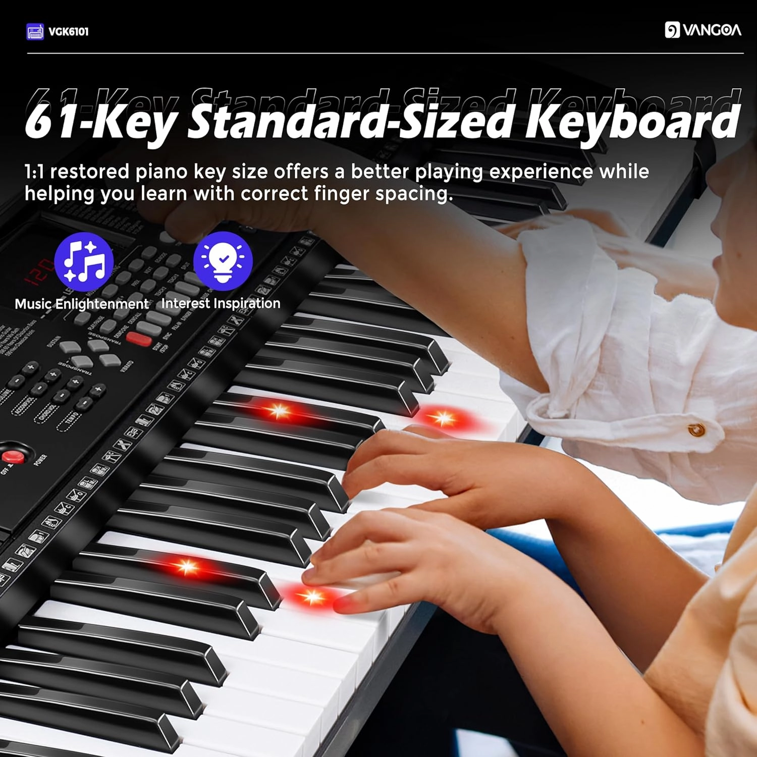 Vangoa VGK6101 Black Keyboard Piano 61 Key, Electric Piano Keyboard with 3 Teaching Modes, Learning Lighted up Music Keyboard Piano with Stand Microphone for Beginners Students