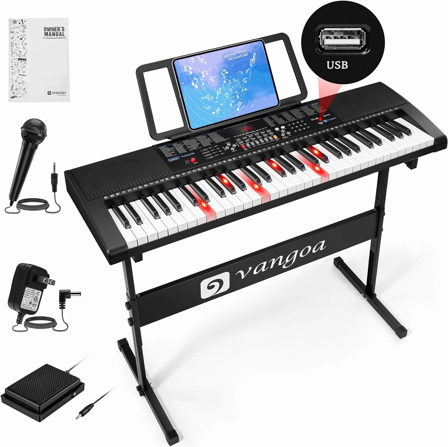 Vangoa VGK6101 Black Keyboard Piano 61 Key, Electric Piano Keyboard with 3 Teaching Modes, Learning Lighted up Music Keyboard Piano with Stand Microphone for Beginners Students