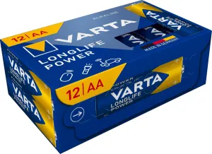 Varta Batteries AA Pack of 12, Longlife Power, Alkaline, 1.5 V, Cube, Ideal for Toys, Wireless Mouse, Torches, Packaging 90% Recycled Made in Germany