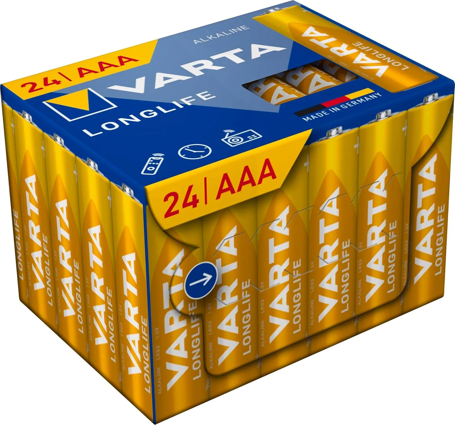 VARTA Batteries AAA Pack of 24, Longlife, Alkaline, 1.5 V, Cube, Ideal for Remote Controls, Alarm Clocks, Radios, Wall Clocks, 90% Recycled Packaging, Made in Germany