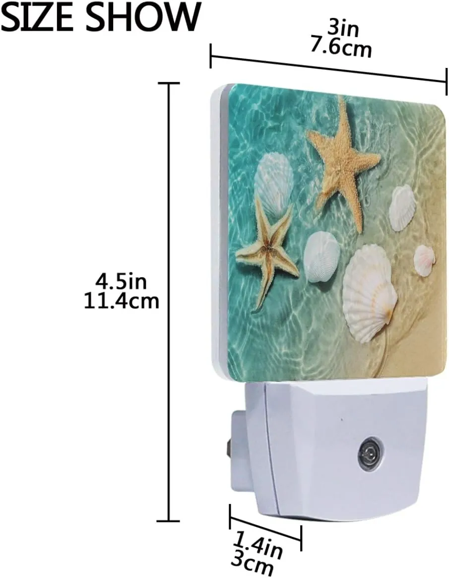 Vdsrup Summer Beach Starfishs Night Light Set of 2 Seashells Ocean Sea Plug-in LED Nightlights Auto Dusk-to-Dawn Sensor Lamp for Bedroom Bathroom Kitchen Hallway Stairs