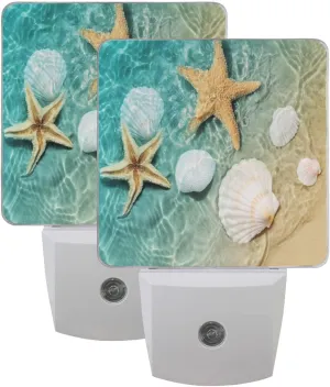 Vdsrup Summer Beach Starfishs Night Light Set of 2 Seashells Ocean Sea Plug-in LED Nightlights Auto Dusk-to-Dawn Sensor Lamp for Bedroom Bathroom Kitchen Hallway Stairs