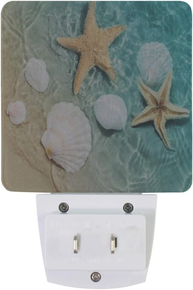 Vdsrup Summer Beach Starfishs Night Light Set of 2 Seashells Ocean Sea Plug-in LED Nightlights Auto Dusk-to-Dawn Sensor Lamp for Bedroom Bathroom Kitchen Hallway Stairs