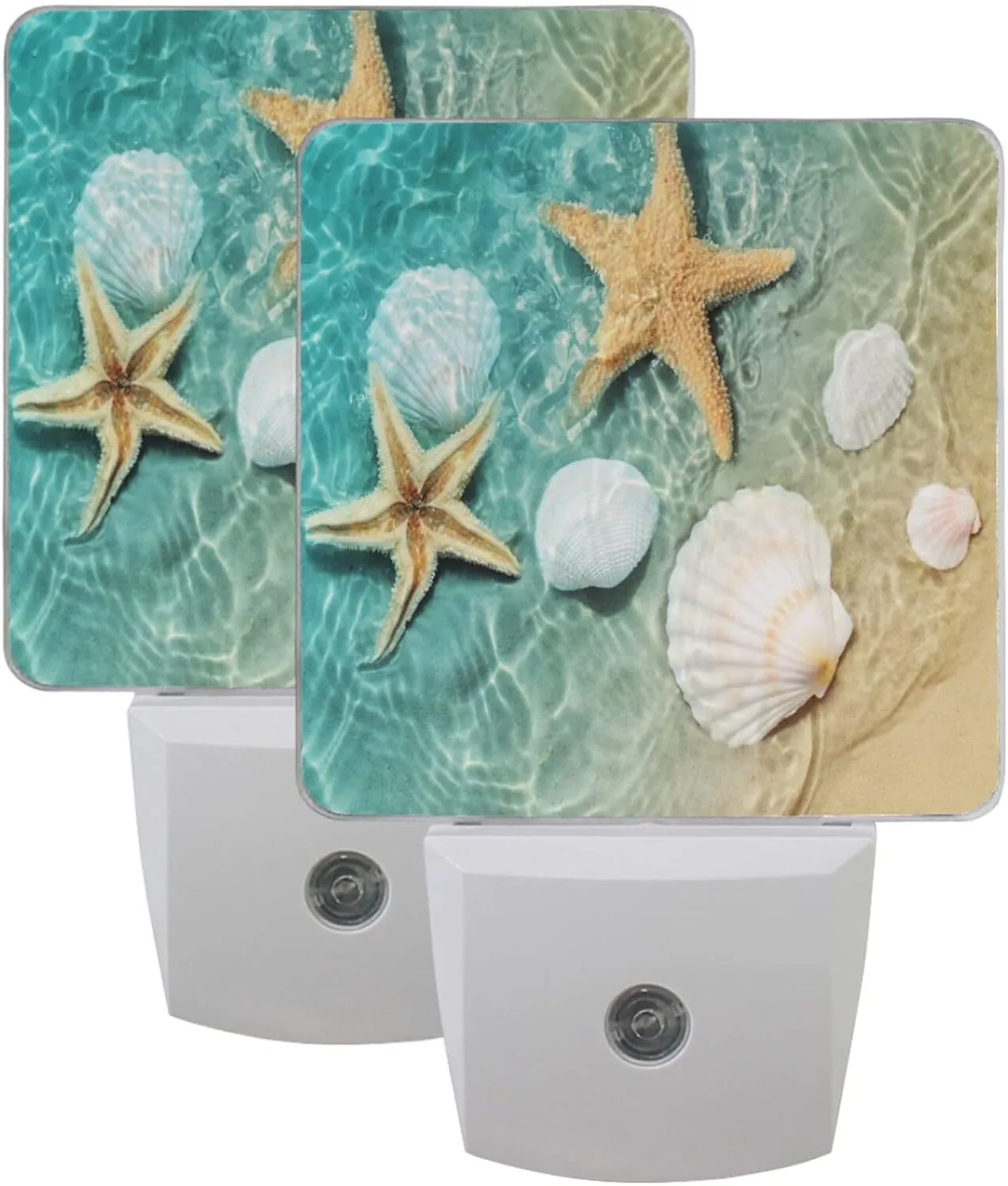 Vdsrup Summer Beach Starfishs Night Light Set of 2 Seashells Ocean Sea Plug-in LED Nightlights Auto Dusk-to-Dawn Sensor Lamp for Bedroom Bathroom Kitchen Hallway Stairs