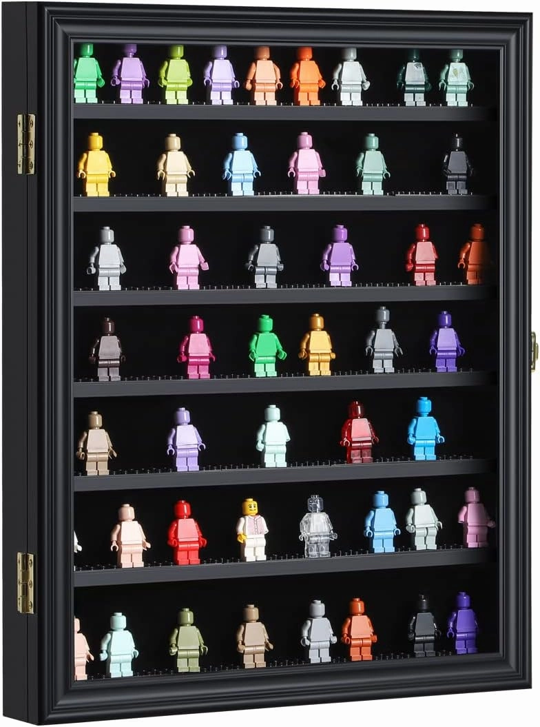 VERANI Minifigure Display Case - Miniature Action Figure Display Box - Wall Mount Figures Memorabilia Display Cabinet for with Uv Protected Anti Fade 92% Clear for Small Objects Lockable Large Black
