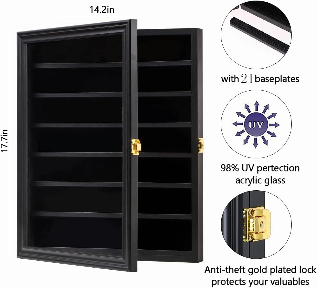 VERANI Minifigure Display Case - Miniature Action Figure Display Box - Wall Mount Figures Memorabilia Display Cabinet for with Uv Protected Anti Fade 92% Clear for Small Objects Lockable Large Black