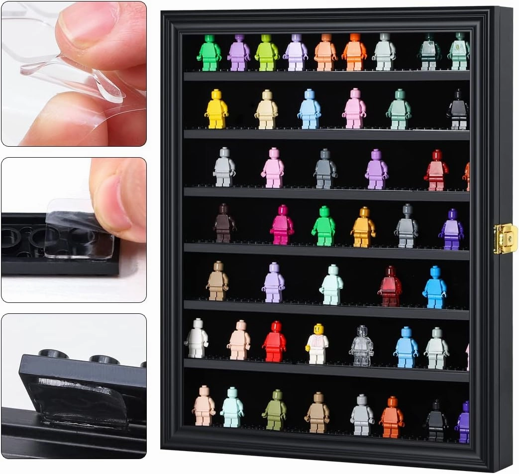 VERANI Minifigure Display Case - Miniature Action Figure Display Box - Wall Mount Figures Memorabilia Display Cabinet for with Uv Protected Anti Fade 92% Clear for Small Objects Lockable Large Black