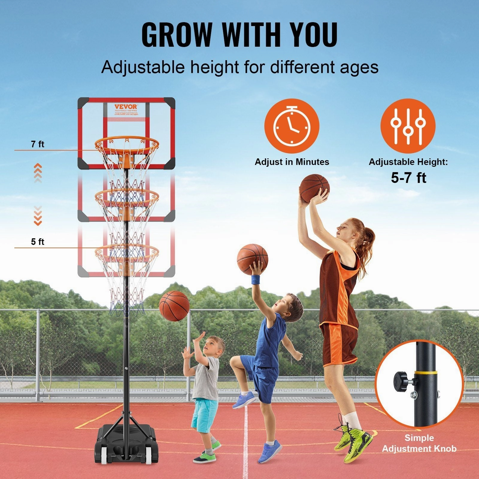 VEVOR Basketball Hoop, 5-7 ft Adjustable Height Portable Backboard System, 28 inch Basketball Hoop & Goal, Kids & Adults Basketball Set with Wheels, Stand, and Fillable Base, for Outdoor/Indoor