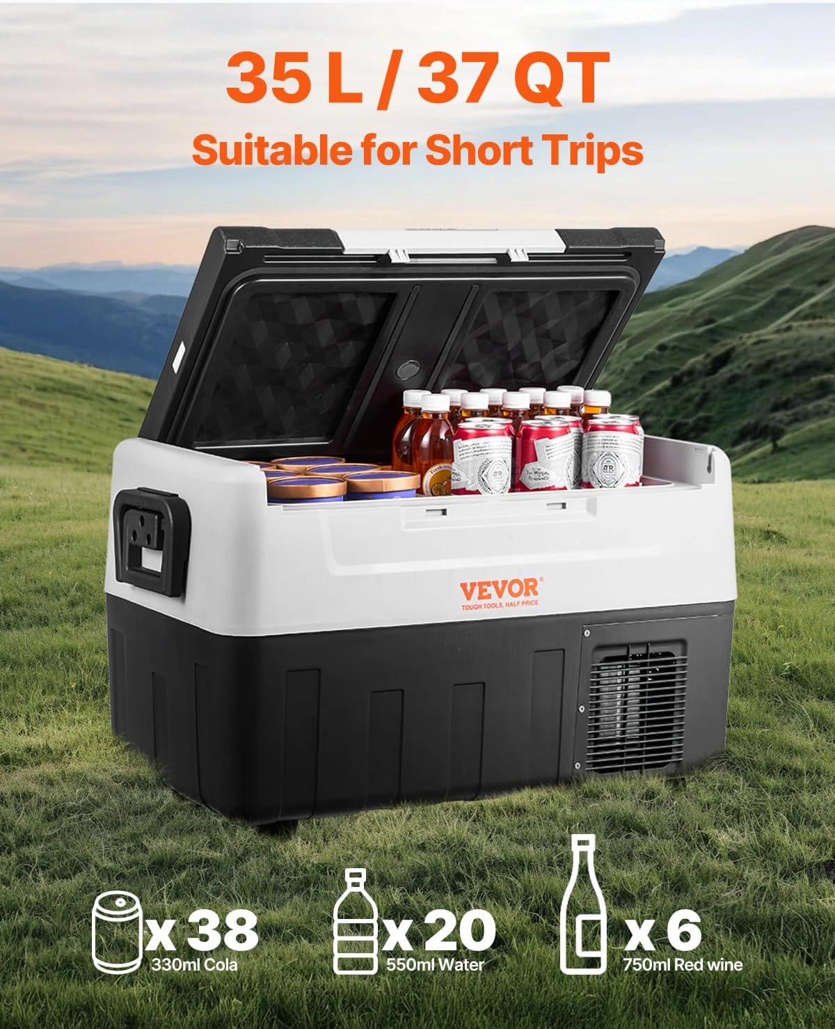 VEVOR Car Refrigerator, 12 Volt Car Refrigerator Fridge, 37 QT/35 L Dual Zone Portable Freezer, -4℉-50℉ Adjustable Range, 12/24V DC and 100-240V AC Compressor Cooler for Outdoor, Camping, Travel, RV
