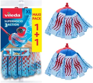 Vileda SuperMocio 3Action XL Mop Refill, Pack of 2 SuperMocio 3 Action Mop Head Replacements, Fits All SuperMocio Mops, Authentic Mop Head, Multi-Colour